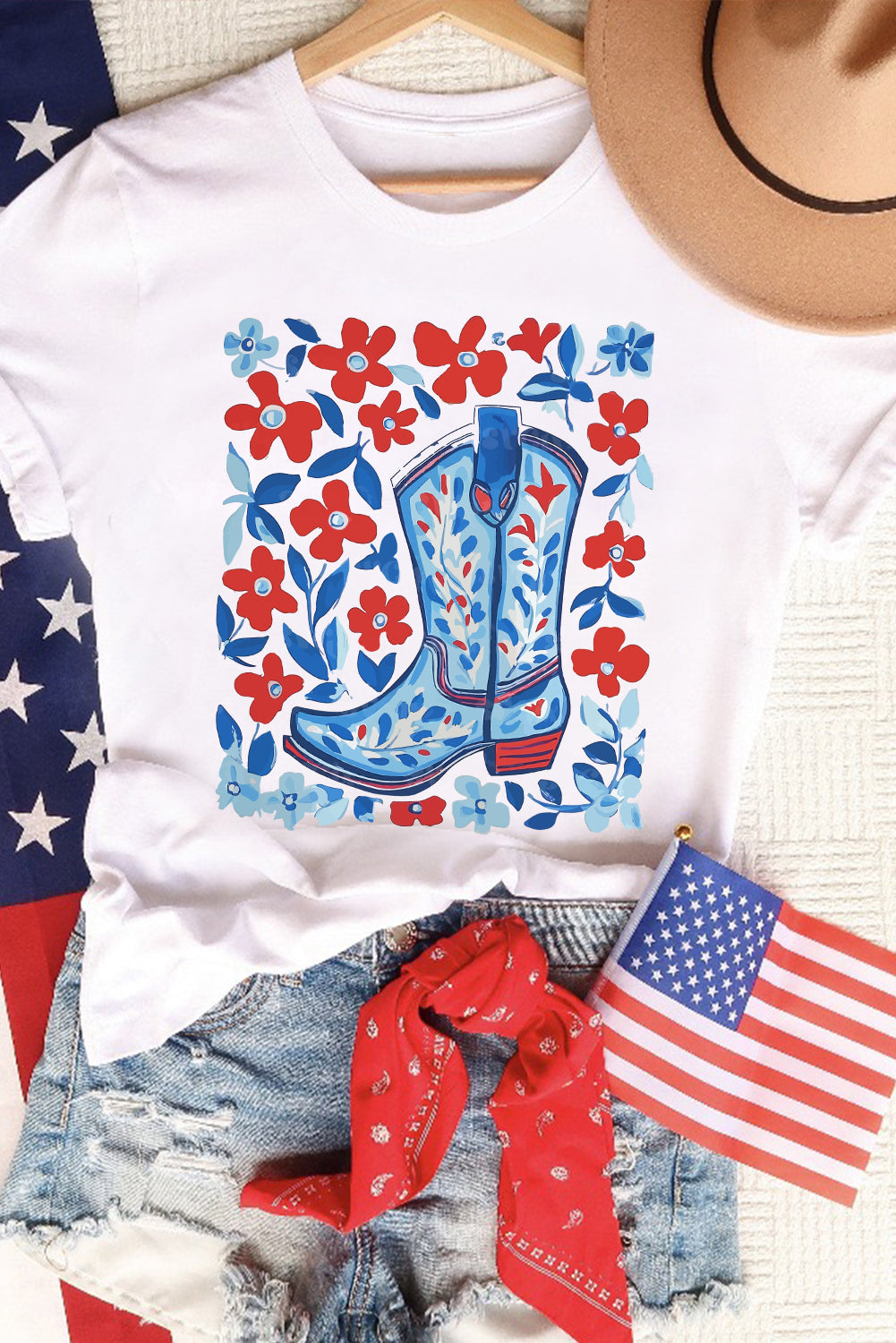 White Floral Western Boots Printed Cotton Blend T Shirt Graphic Tees JT's Designer Fashion