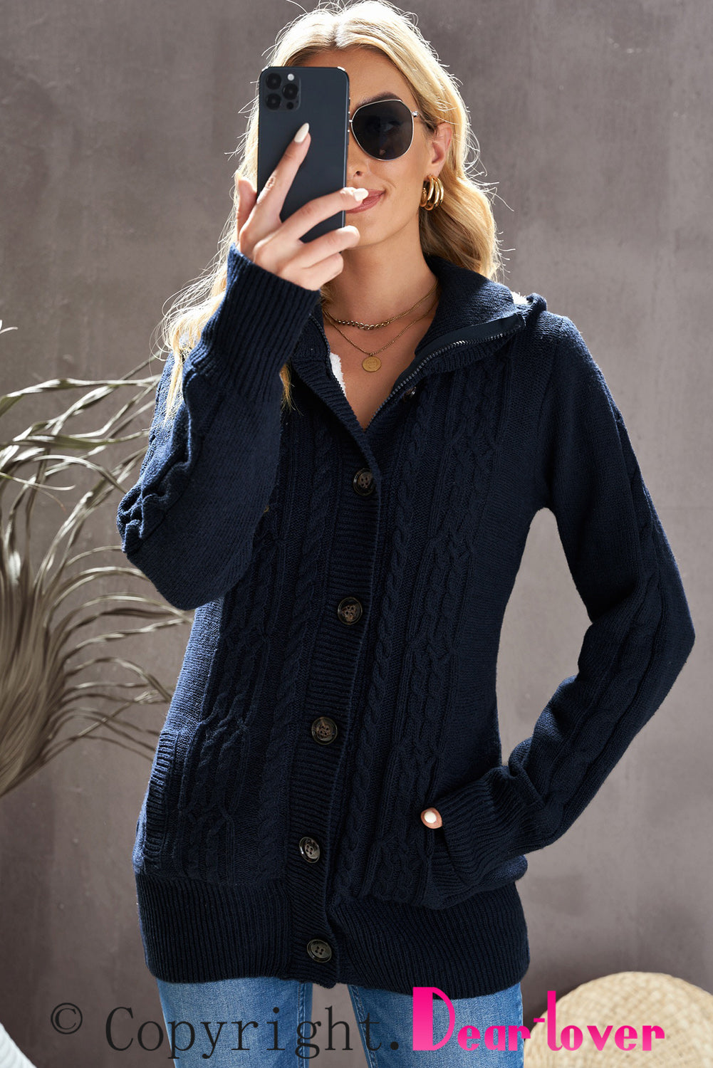 Navy Blue Long Sleeve Button-up Hooded Cardigans Sweaters & Cardigans JT's Designer Fashion