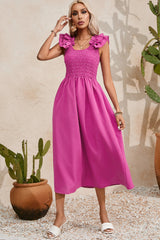 Rose Red Solid Color Ruffled Straps Smocked Ruched Long Dress Maxi Dresses JT's Designer Fashion