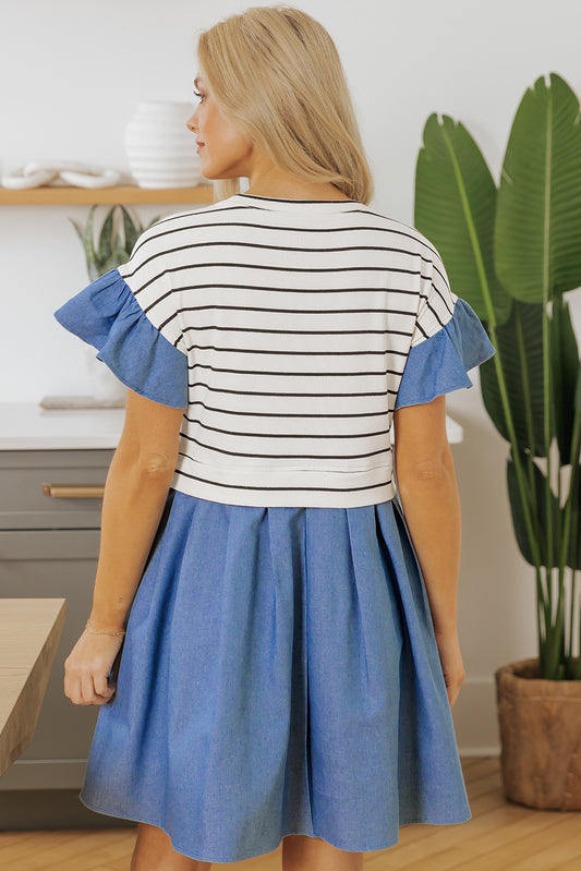 Black Stripe Ruffle Denim Patchwork Round Neck Mini Dress Mini Dresses JT's Designer Fashion