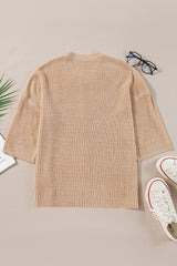 Light French Beige Contrast Striped 3/4 Sleeve Crew Neck Sweater Sweaters JT's Designer Fashion