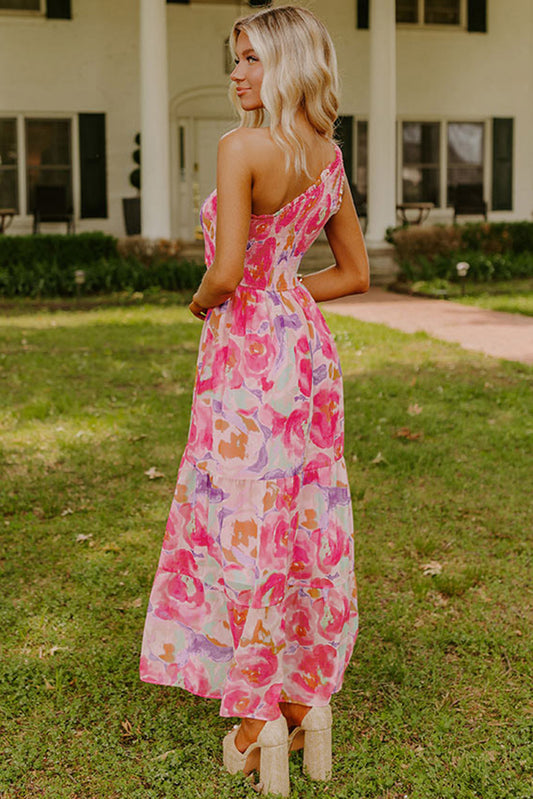 Pink Abstract Floral Print Shirred One Shoulder Maxi Dress Floral Dresses JT's Designer Fashion