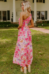 Pink Abstract Floral Print Shirred One Shoulder Maxi Dress Floral Dresses JT's Designer Fashion