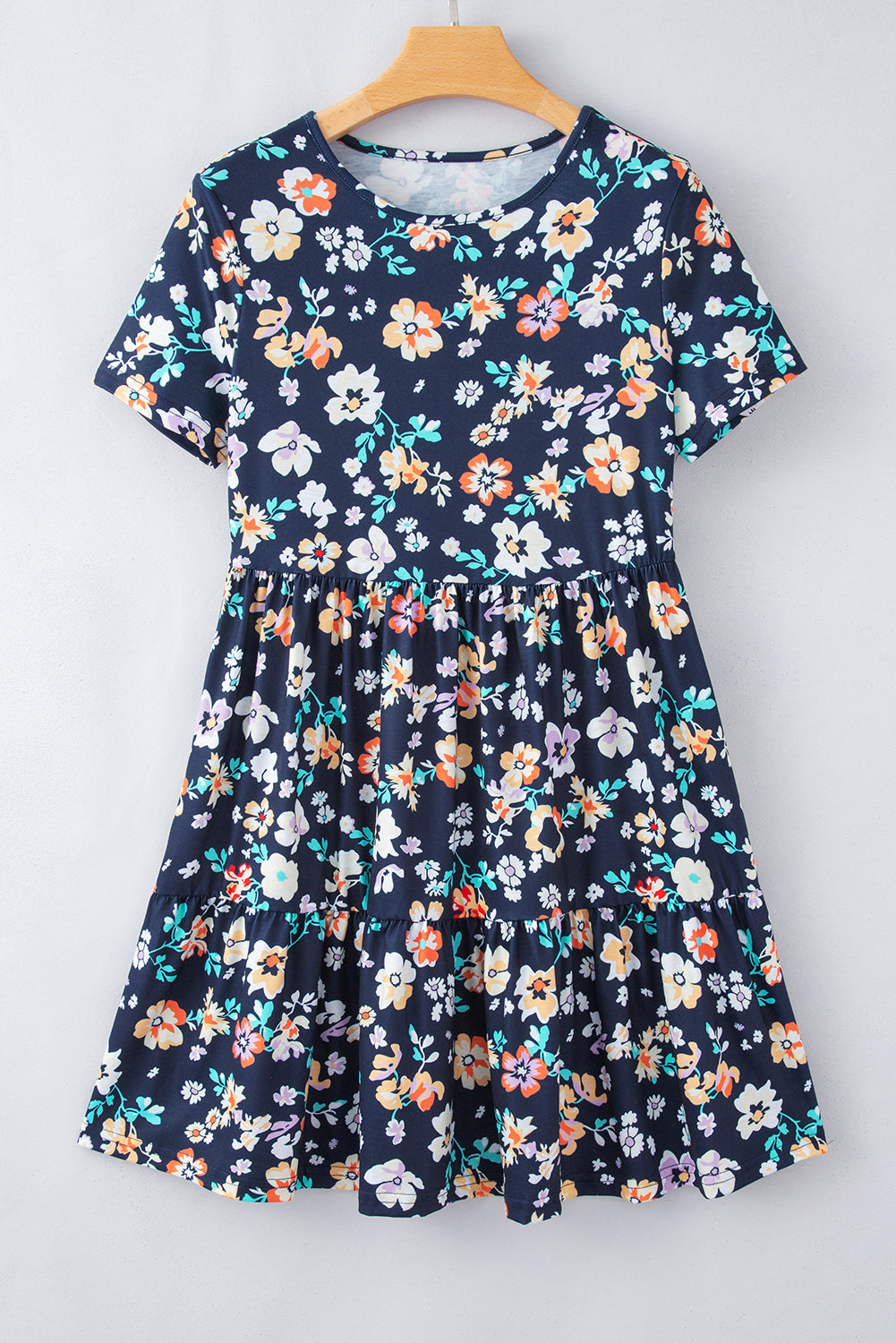 Blue Short Sleeve A-line Floral Dress Floral Dresses JT's Designer Fashion