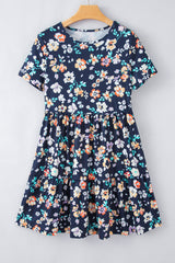 Blue Short Sleeve A-line Floral Dress Floral Dresses JT's Designer Fashion