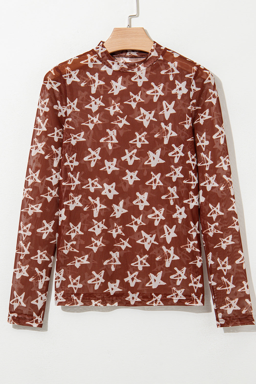 Red Mesh Star Print Mock Neck Sheath Long Sleeve Top Long Sleeve Tops JT's Designer Fashion