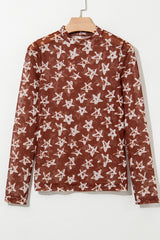 Red Mesh Star Print Mock Neck Sheath Long Sleeve Top Long Sleeve Tops JT's Designer Fashion