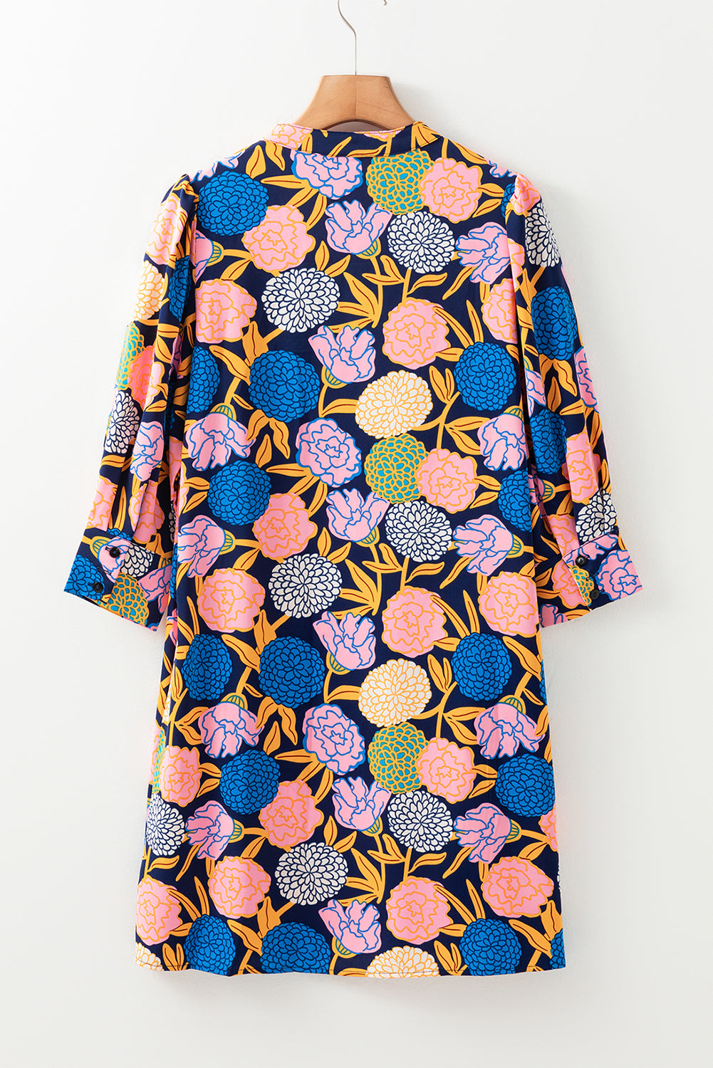 Navy Blue Hydrangea Floral Print Bishop Sleeve V Neck Shift Dress Floral Dresses JT's Designer Fashion