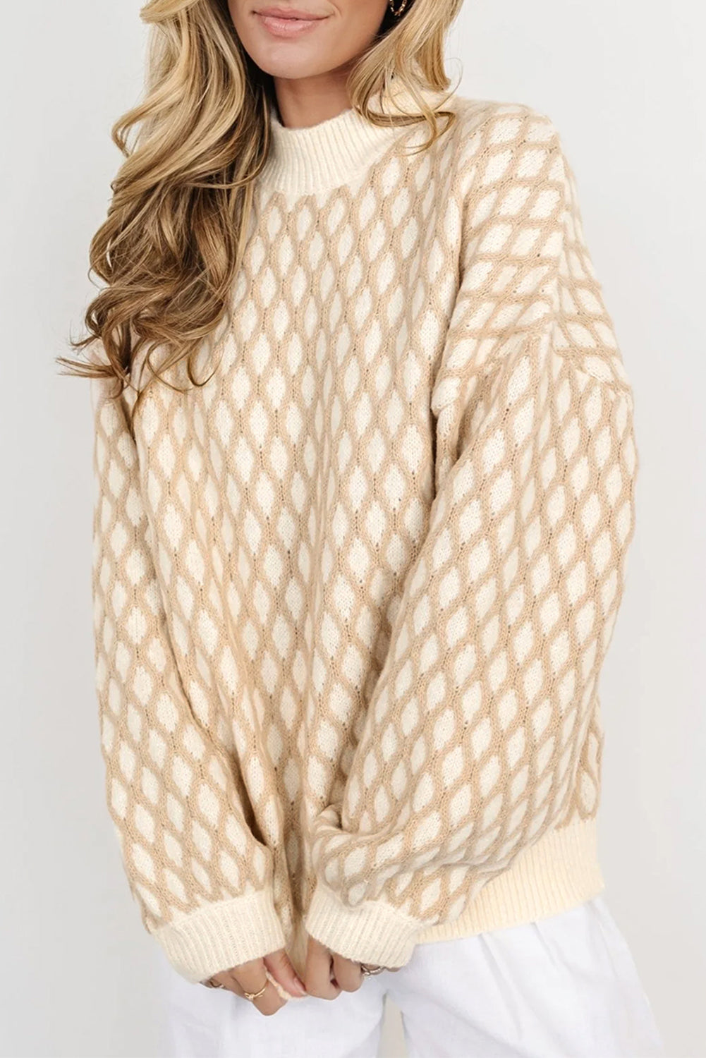 Oatmeal Diamond Knit Drop Shoulder Loose Sweater Oatmeal 42%Acrylic+30%Polyester+28%Polyamide Sweaters JT's Designer Fashion