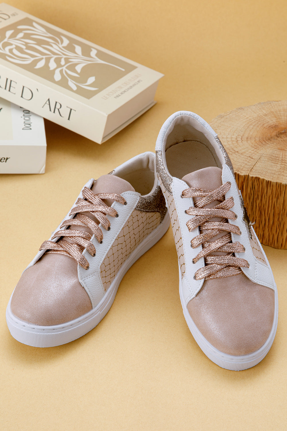 Gold Glitter Star Patchwork Leather Lace-up Sneakers Women's Shoes JT's Designer Fashion