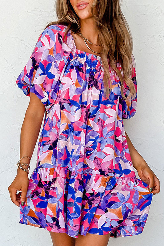 Purple Flower Print Short Puff Sleeve Ruffled Dress Purple 100%Polyester Floral Dresses JT's Designer Fashion
