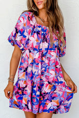 Purple Flower Print Short Puff Sleeve Ruffled Dress Purple 100%Polyester Floral Dresses JT's Designer Fashion