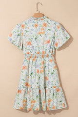 Beige Floral Print Shirred High Waist Puff Sleeve Mini Dress Floral Dresses JT's Designer Fashion