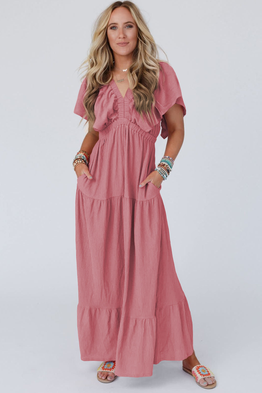 Rose Pink Textured V Neck Flutter Sleeve Ruffled Long Dress Maxi Dresses JT's Designer Fashion