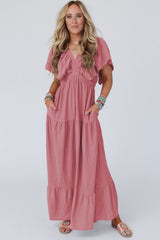 Rose Pink Textured V Neck Flutter Sleeve Ruffled Long Dress Maxi Dresses JT's Designer Fashion
