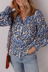 Blue Bohemian Print Embroidered V Neckline Detail Long Sleeve Shirt Blouses & Shirts JT's Designer Fashion