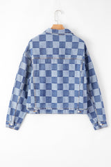 Light Blue Checkered Patchwork Button up Denim Jacket Denim Jackets JT's Designer Fashion