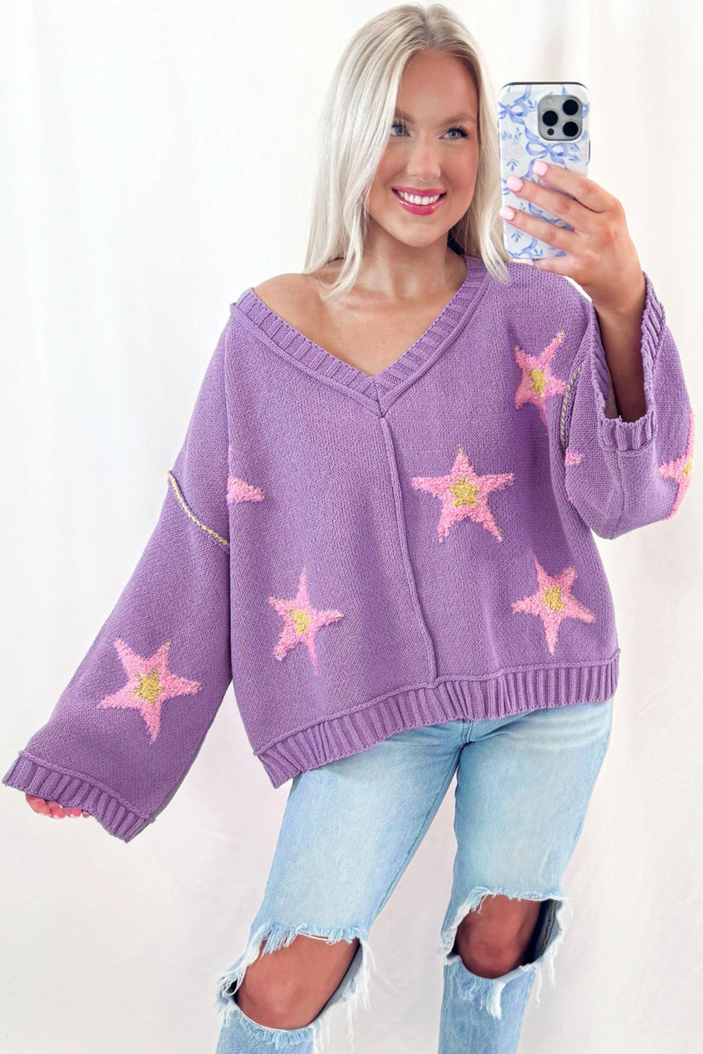Lavendula Brushed Star Graphic V Neck Drop Shoulder Oversize Sweater Sweaters JT's Designer Fashion