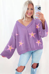 Lavendula Brushed Star Graphic V Neck Drop Shoulder Oversize Sweater Sweaters JT's Designer Fashion