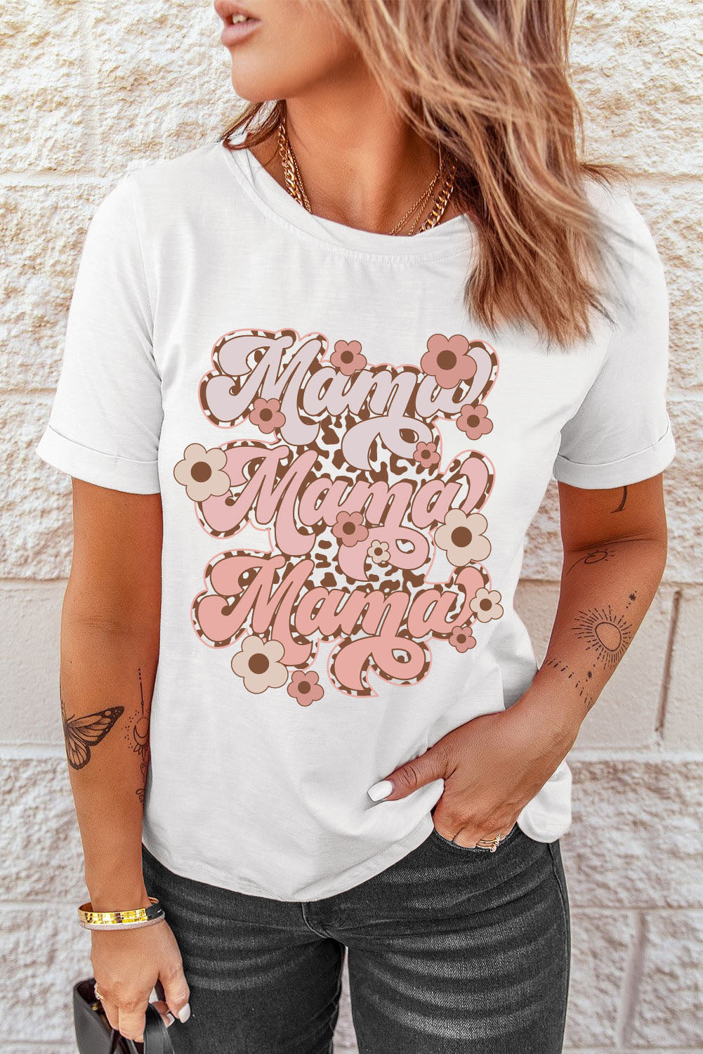 White Mama Flower Leopard Graphic Tee Graphic Tees JT's Designer Fashion