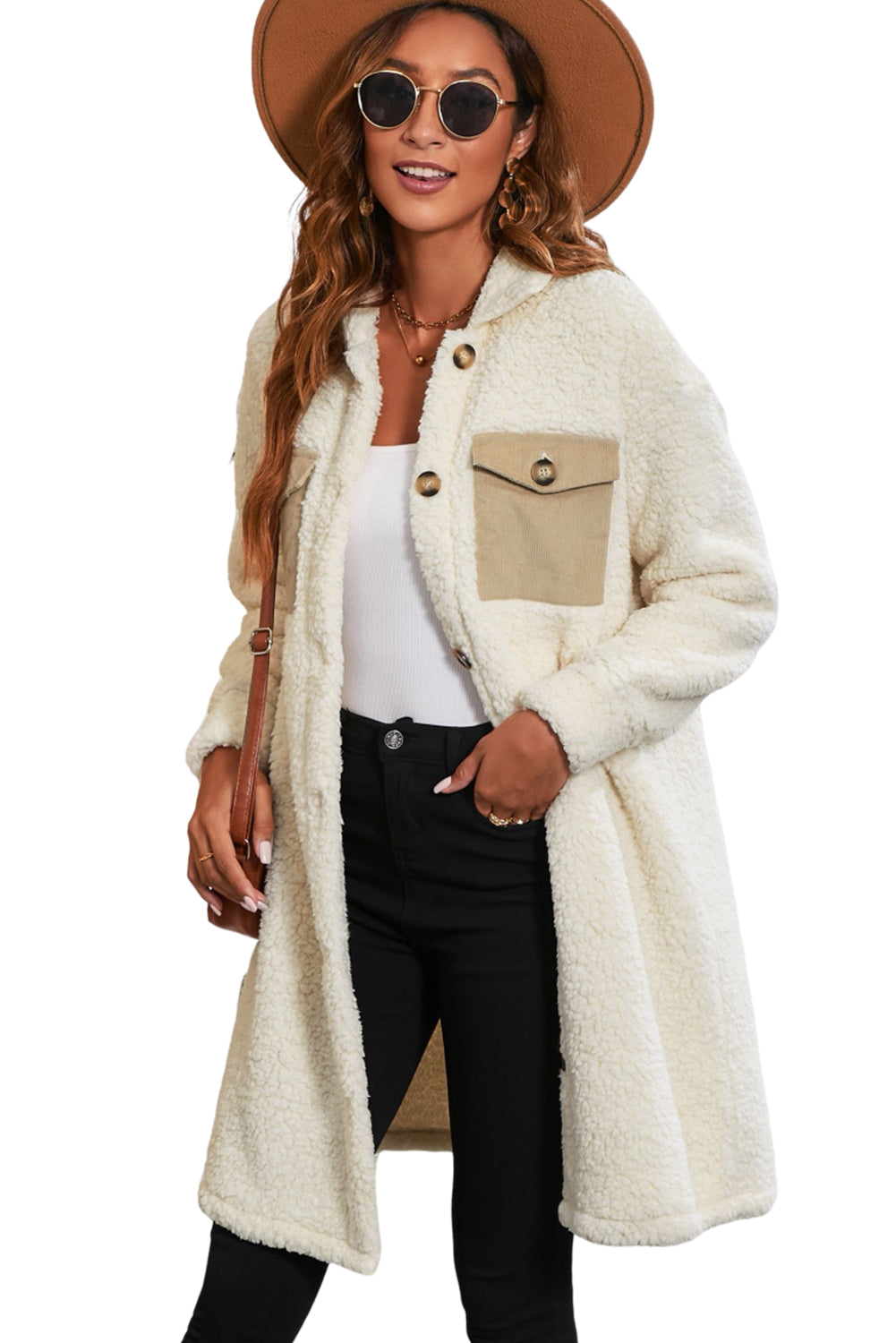 Beige Contrast Flap Pocket Single Breasted Teddy Coat Coats JT's Designer Fashion