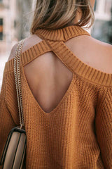 Brown Crew Neck Cold Shoulder Hollow-out Back Sweater Sweaters & Cardigans JT's Designer Fashion