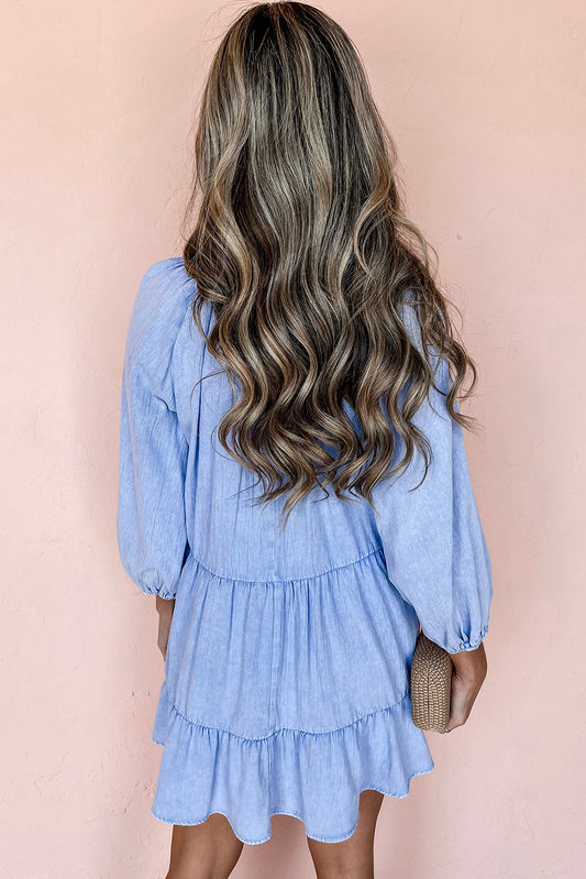 Beau Blue Puff Sleeve V Neck Tiered Ruffled Chambray Mini Dress Mini Dresses JT's Designer Fashion