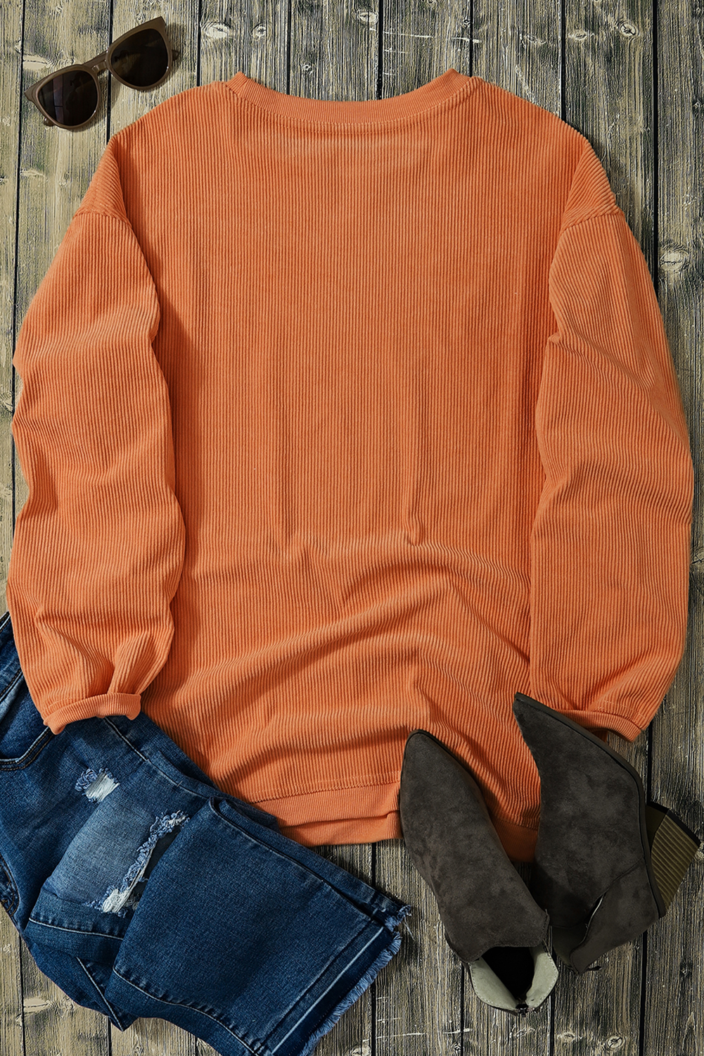 Orange Thankful Ribbed Crew Neck Thanksgiving Sweatshirt Graphic Sweatshirts JT's Designer Fashion