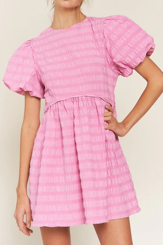 Bonbon Textured Bubble Sleeve High Waist Mini Dress Mini Dresses JT's Designer Fashion