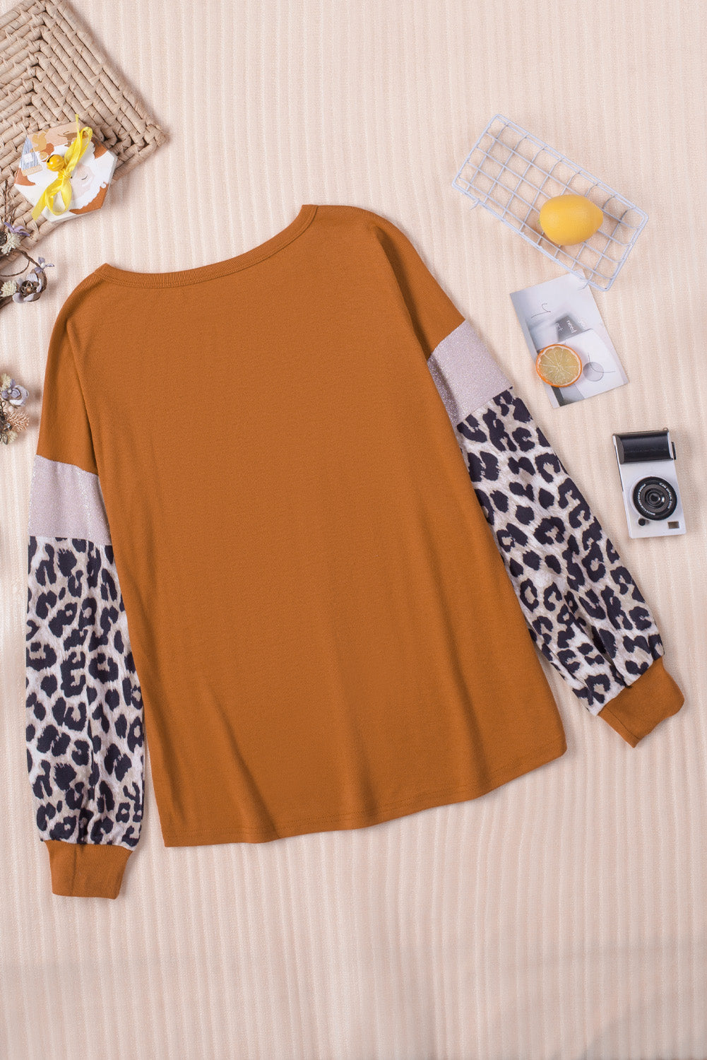 Brown Leopard Sequin Patchwork Long Sleeve Top Long Sleeve Tops JT's Designer Fashion