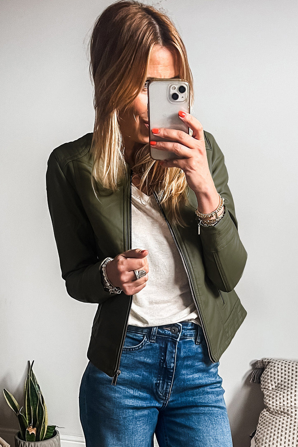 Sage Green Solid Faux Leather Zipper Slim Fit Bomber Jacket Jackets JT's Designer Fashion