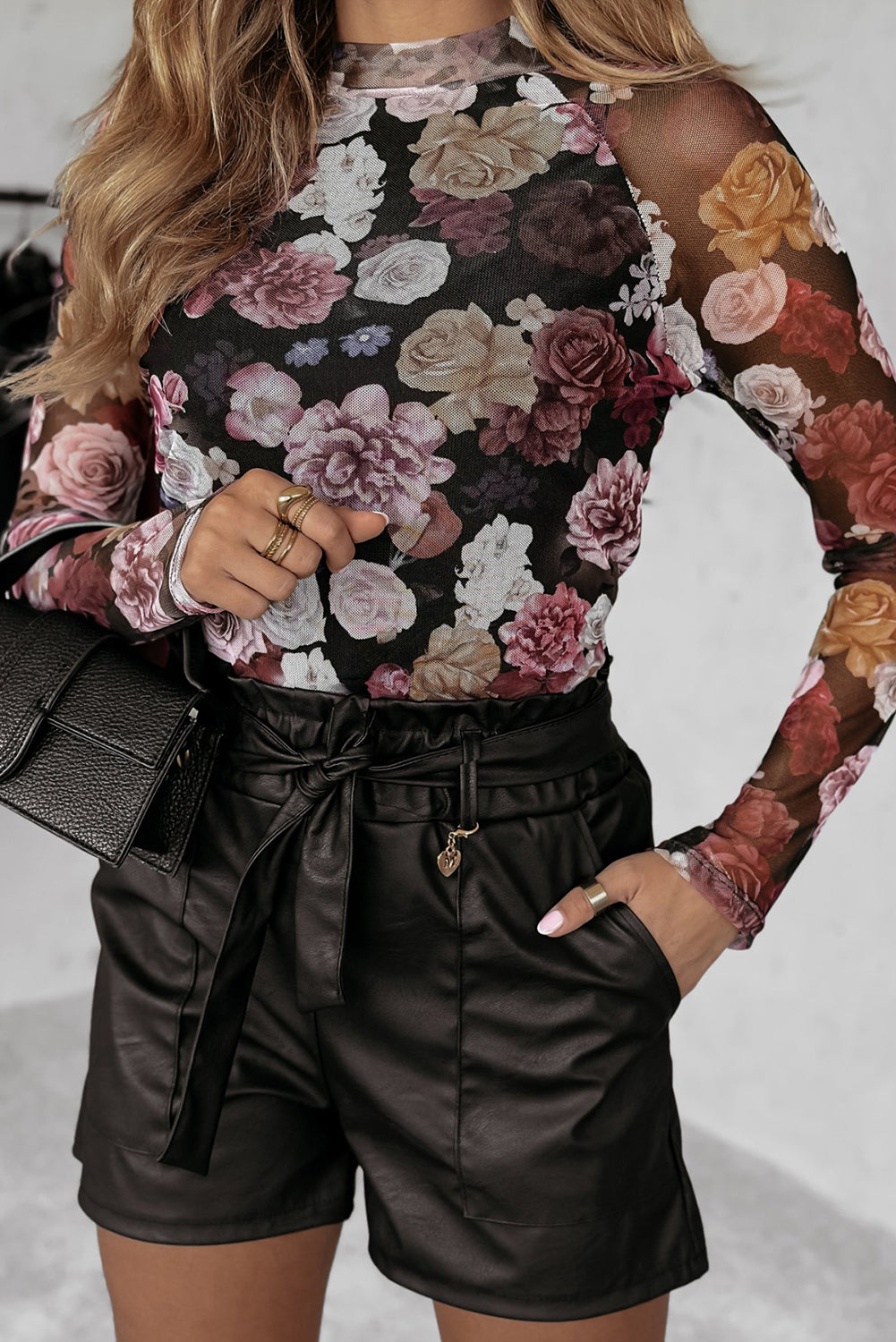 Pink Mesh Floral Print Mock Neck Long Sleeve Slim Top Long Sleeve Tops JT's Designer Fashion