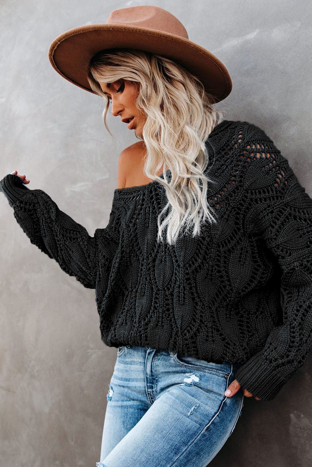 Black Crochet Knit Ribbed Hem Hollow-out Sweater Sweaters JT's Designer Fashion