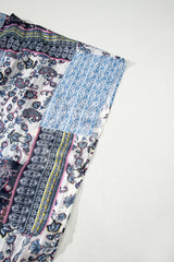 Blue Retro Floral Print Long Loose Open Front Kimono Kimonos JT's Designer Fashion