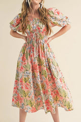Apricot Pink Floral Smocked Bust Bubble Short Sleeve Long Dress Apricot Pink 100%Polyester Maxi Dresses JT's Designer Fashion