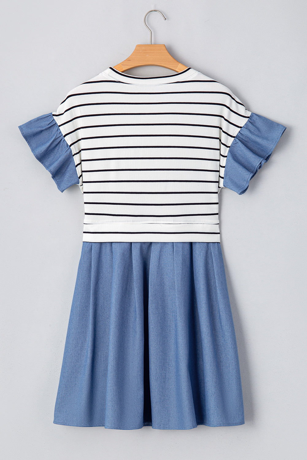 Black Stripe Ruffle Denim Patchwork Round Neck Mini Dress Mini Dresses JT's Designer Fashion