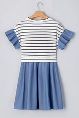 Black Stripe Ruffle Denim Patchwork Round Neck Mini Dress Mini Dresses JT's Designer Fashion