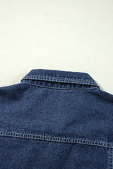 Navy Blue Ruffle Raw Hem Flap Pockets Denim Jacket Denim Jackets JT's Designer Fashion
