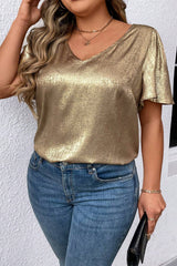 Gold Plus Size Metallic V Neck Short Sleeve Blouse Plus Size Tops & Tees JT's Designer Fashion
