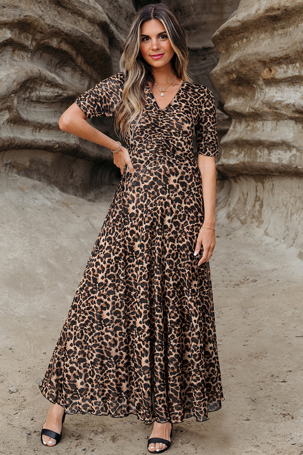 Brown Mesh Leopard Floral Reversible V Neck Short Sleeve Dress Dresses JT's Designer Fashion