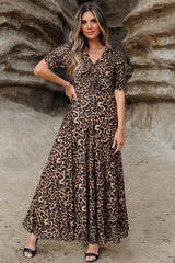 Brown Mesh Leopard Floral Reversible V Neck Short Sleeve Dress Dresses JT's Designer Fashion