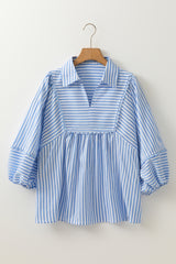Sky Blue Stripe Shirt Collar V Neck Ricrac Trim 3/4 Puff Sleeve Blouse Blouses & Shirts JT's Designer Fashion