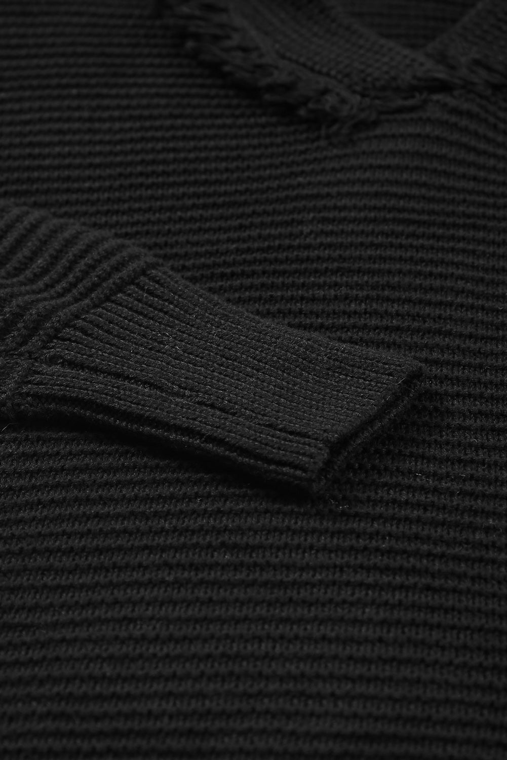 Black V Neck Ribbed Drop Shoulder Hooded Sweater Sweaters & Cardigans JT's Designer Fashion