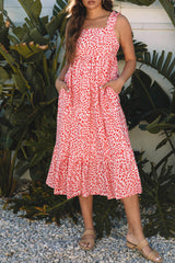 Pink Geometric Print Knot Back Sleeveless Ruffle Hem Dress Midi Dresses JT's Designer Fashion
