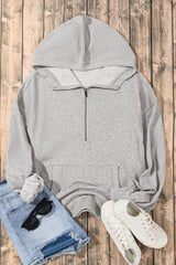 Light Grey Solid Kangaroo Pocket Half Zipper Oversized Hoodie Sweatshirts & Hoodies JT's Designer Fashion