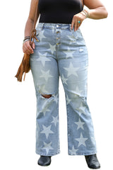 Sky Blue Star Printed Multi Buttons Slit Knee Destroyed Plus Size Jeans Plus Size Bottoms JT's Designer Fashion