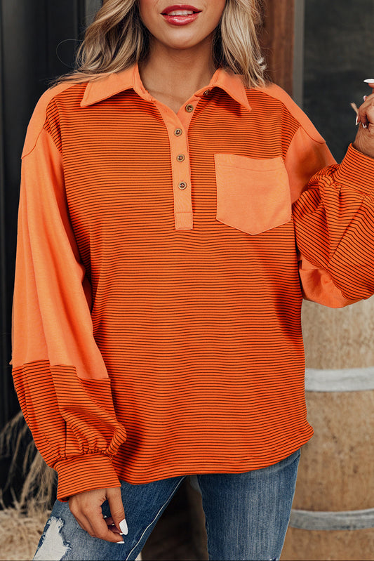 Orange Stripe Exposed Seam Henley Turn-down Neck Puff Sleeve Sweatshirt Sweatshirts & Hoodies JT's Designer Fashion