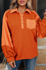 Orange Stripe Exposed Seam Henley Turn-down Neck Puff Sleeve Sweatshirt Sweatshirts & Hoodies JT's Designer Fashion