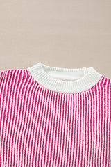 Bright Pink Striped Textured Knit Contrast Edge Loose Sweater Sweaters JT's Designer Fashion