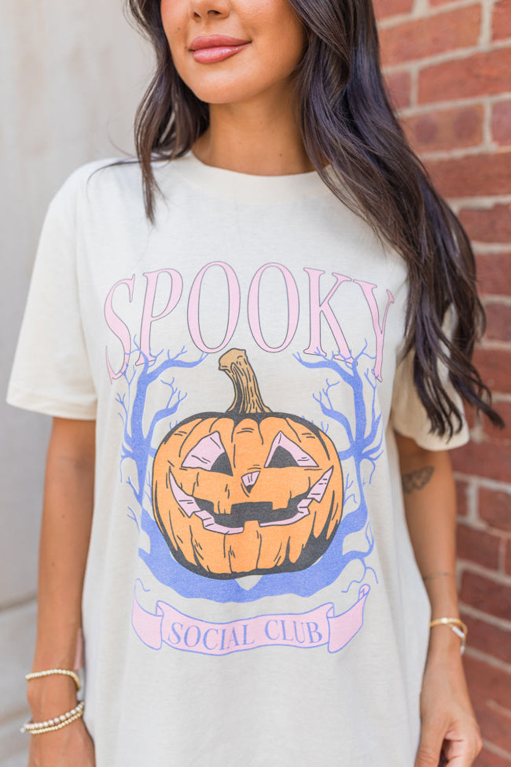 White SPOOKY Pumpkin Print Round Neck Halloween T Shirt Graphic Tees JT's Designer Fashion